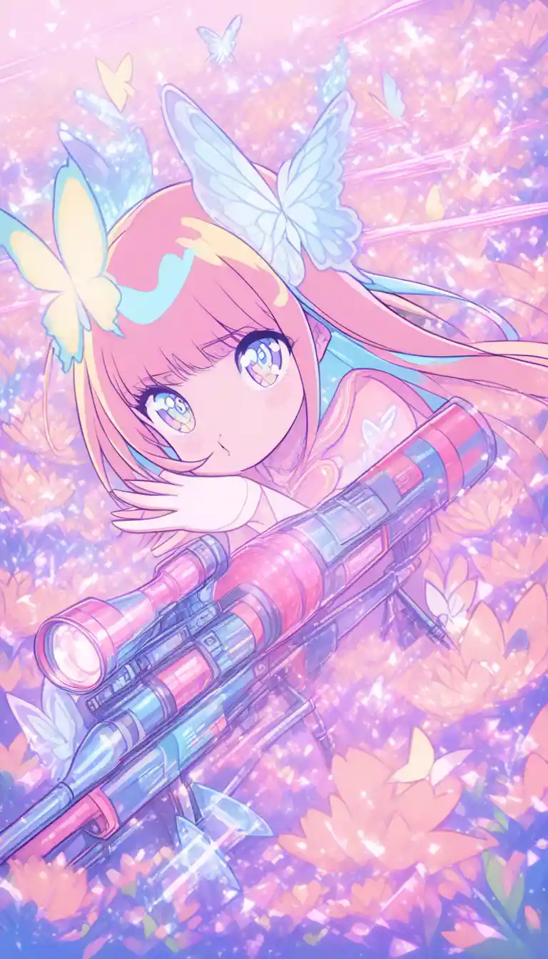 Chibi-Anime-Mädchen zielt mit einem Scharfschützengewehr auf einem sonnigen Blumenfeld