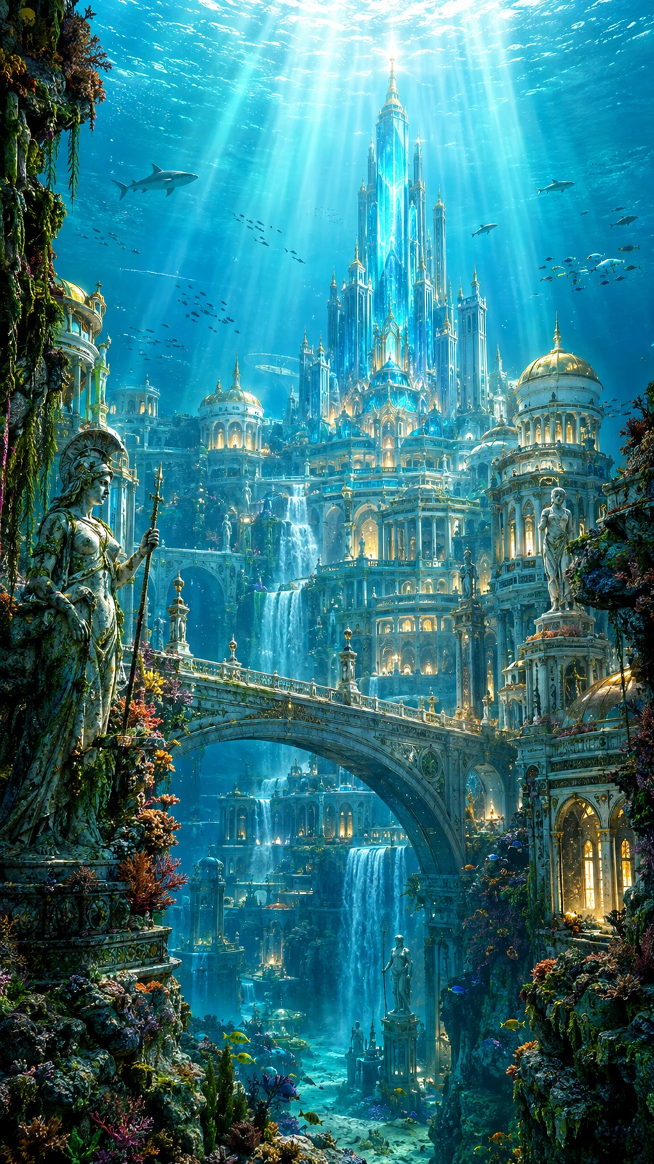 Atlantis Beneath Turquoise Waters With Marble Palaces And A Glowing Crystal Tower