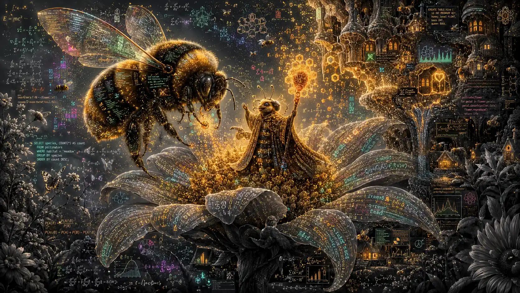 Uma enorme abelha paira sobre uma flor silvestre repleta de dados luminosos