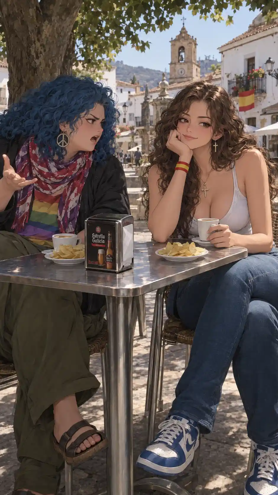 Due giovani donne condividono un caffè sulla terrazza di un bar in un villaggio spagnolo