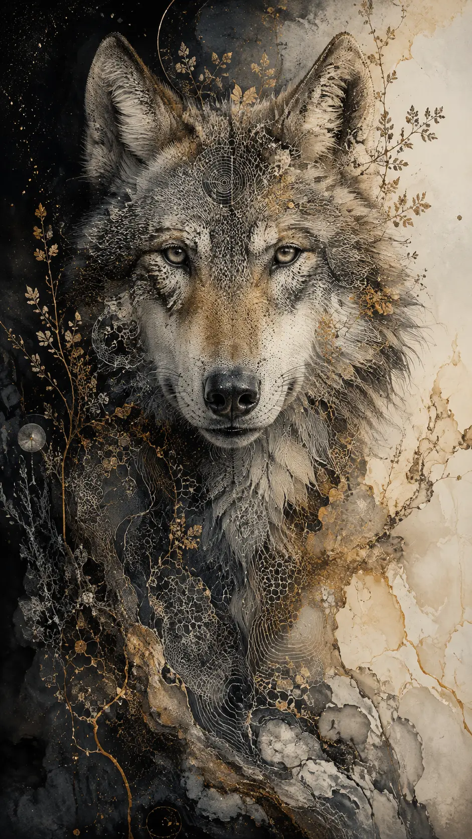 Retrato surrealista de animal com textura pontilhada e filigrana botânica