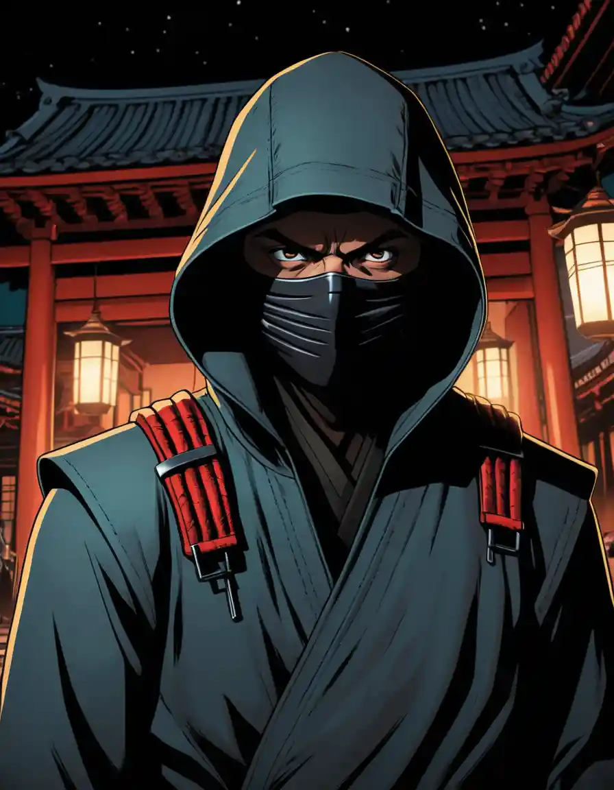 Um ninja mascarado está sob o luar no pátio de um pagode