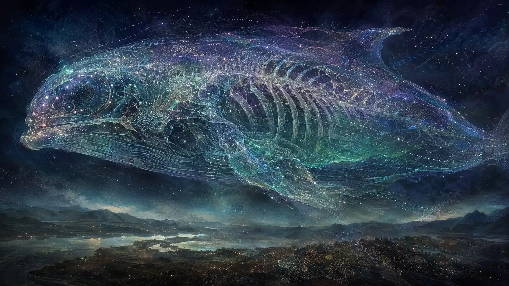 A Vast Translucent Creature Drifts Above a Shadowed Landscape of Luminous Data