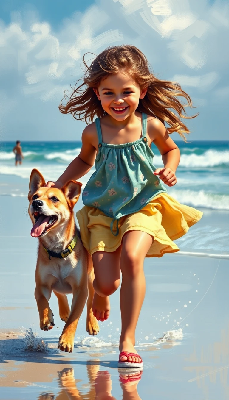 Un bambino e un cucciolo corrono felici sulla spiaggia