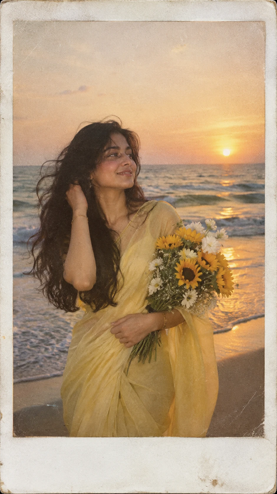 Jovem de sari amarelo segurando flores em uma praia ao pôr do sol