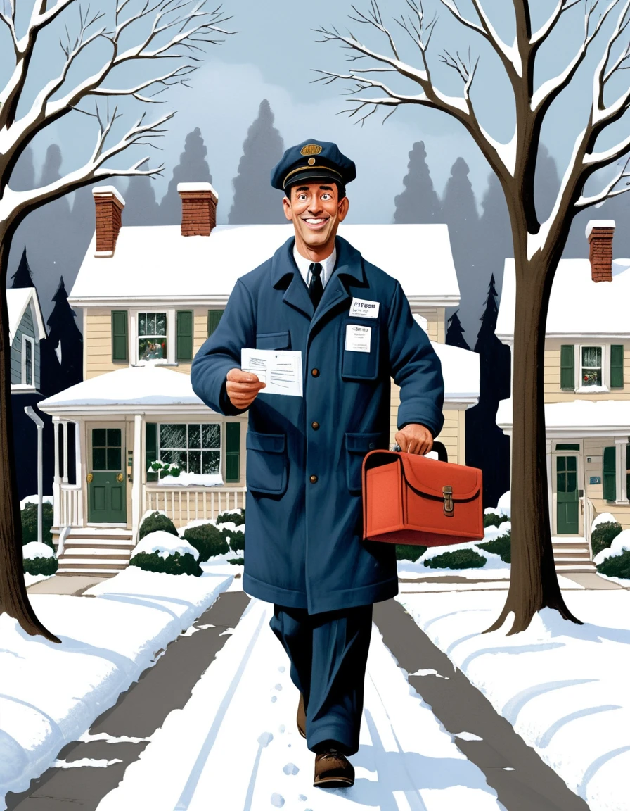 A postal worker delivers mail through a snowy suburban neighborhood