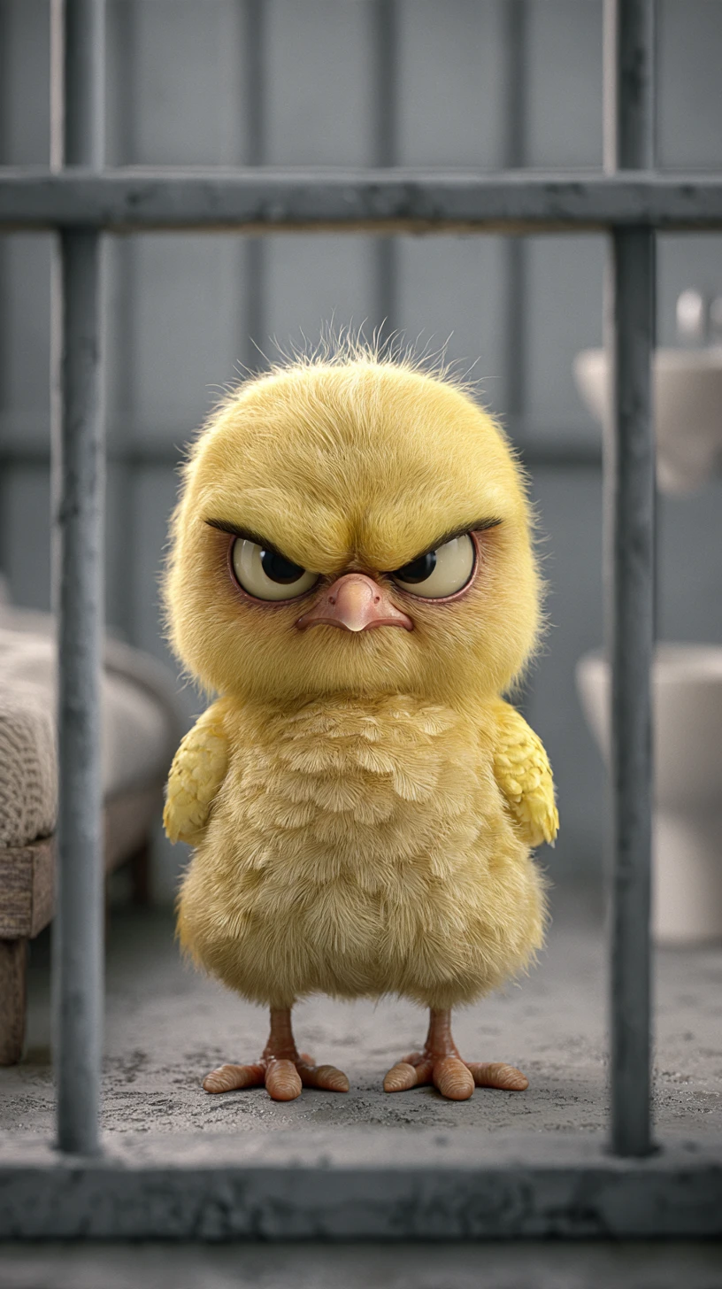 A yellow chick locked inside a cell with a bed, toilet, and sink