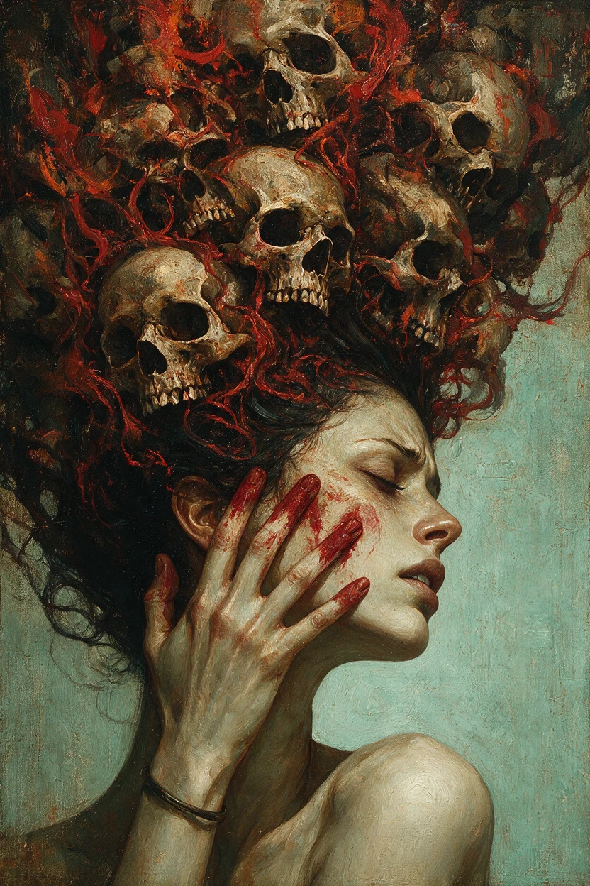 Mulher surreal de perfil, rodeada por uma coroa de crânios