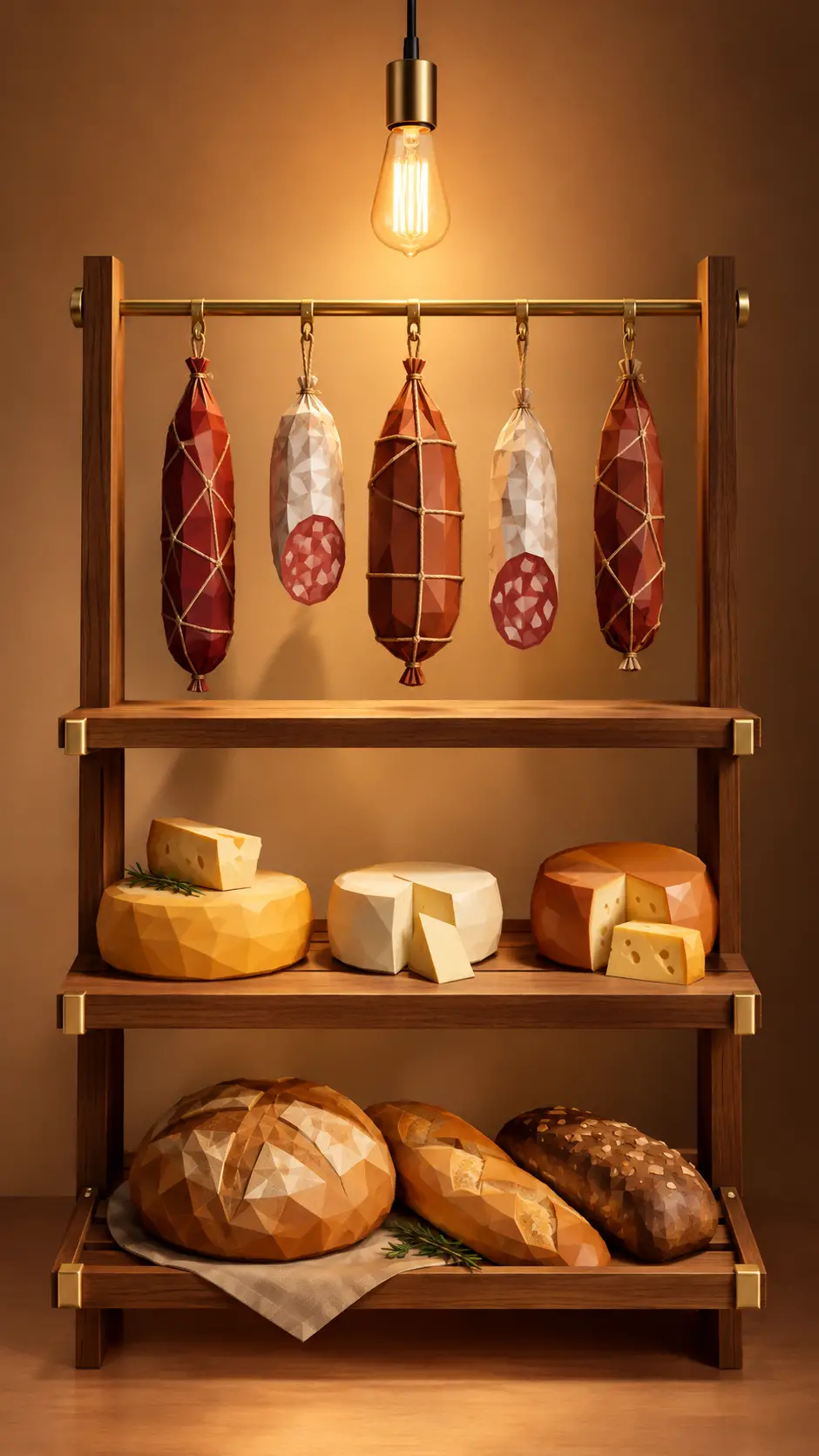 Uma prateleira de madeira de três níveis exibe produtos de delicatessen geométricos e pão fresco