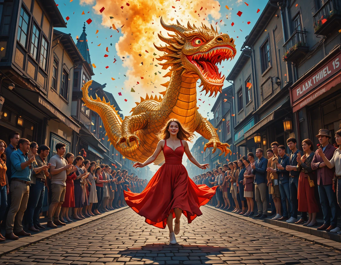 Uma mulher corre por uma rua em festa sob um dragão dourado