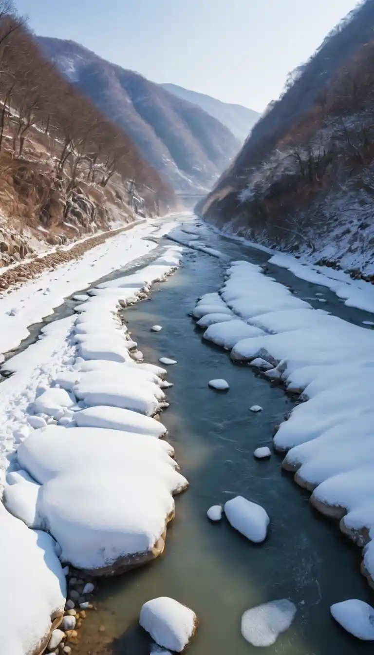 Un fiume ghiacciato serpeggia in una stretta valle montana coreana