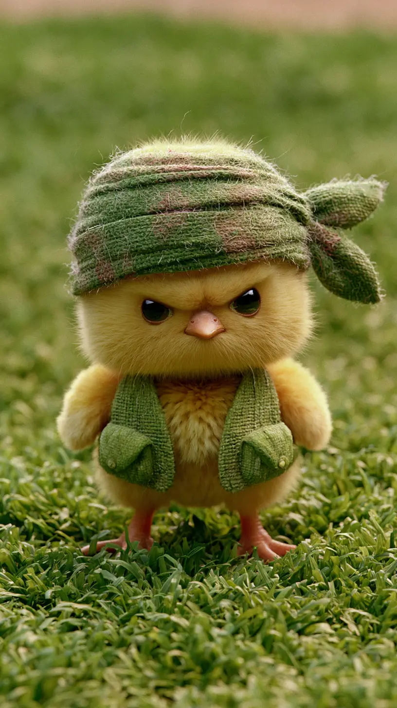 A Tiny Yellow Chick in an Action Hero Costume Stands on a Lawn