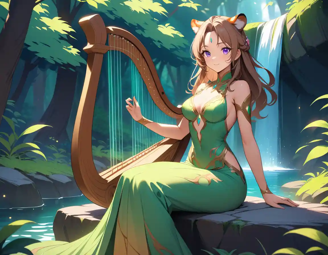Uma mulher-tigre toca harpa em uma floresta encantada