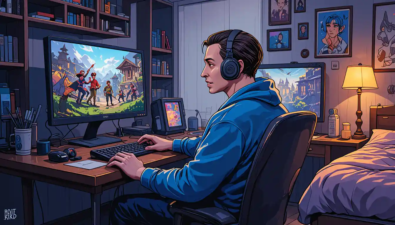 A Teen Gamer Focuses on Dual Screens in a Cozy Bedroom