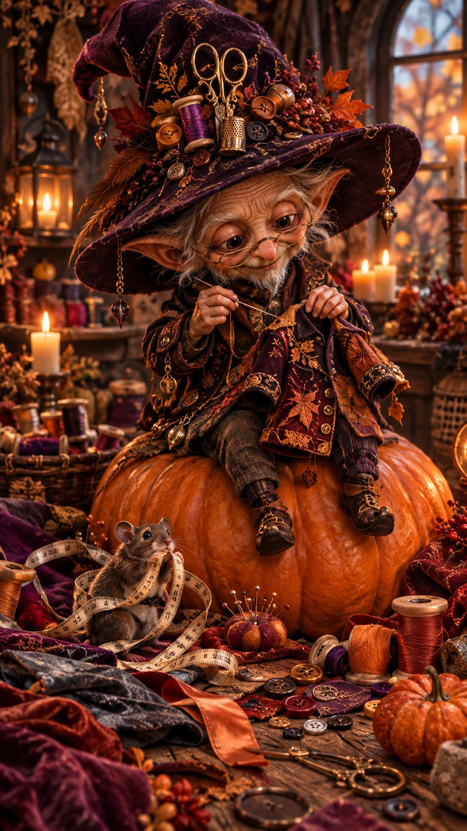 Um alfaiate goblin idoso a costurar um casaco em miniatura sobre uma abóbora gigante