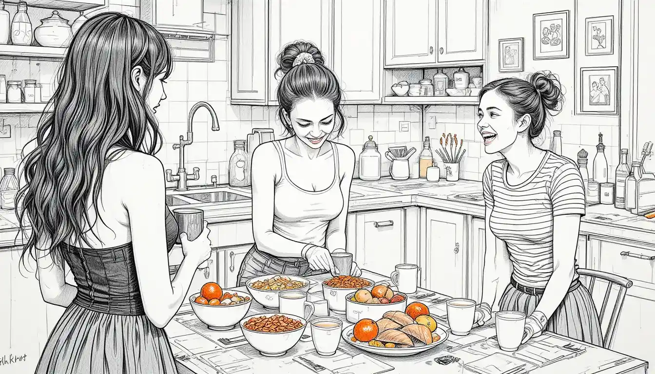 Three Young Women Share a Casual Breakfast in a Kitchen