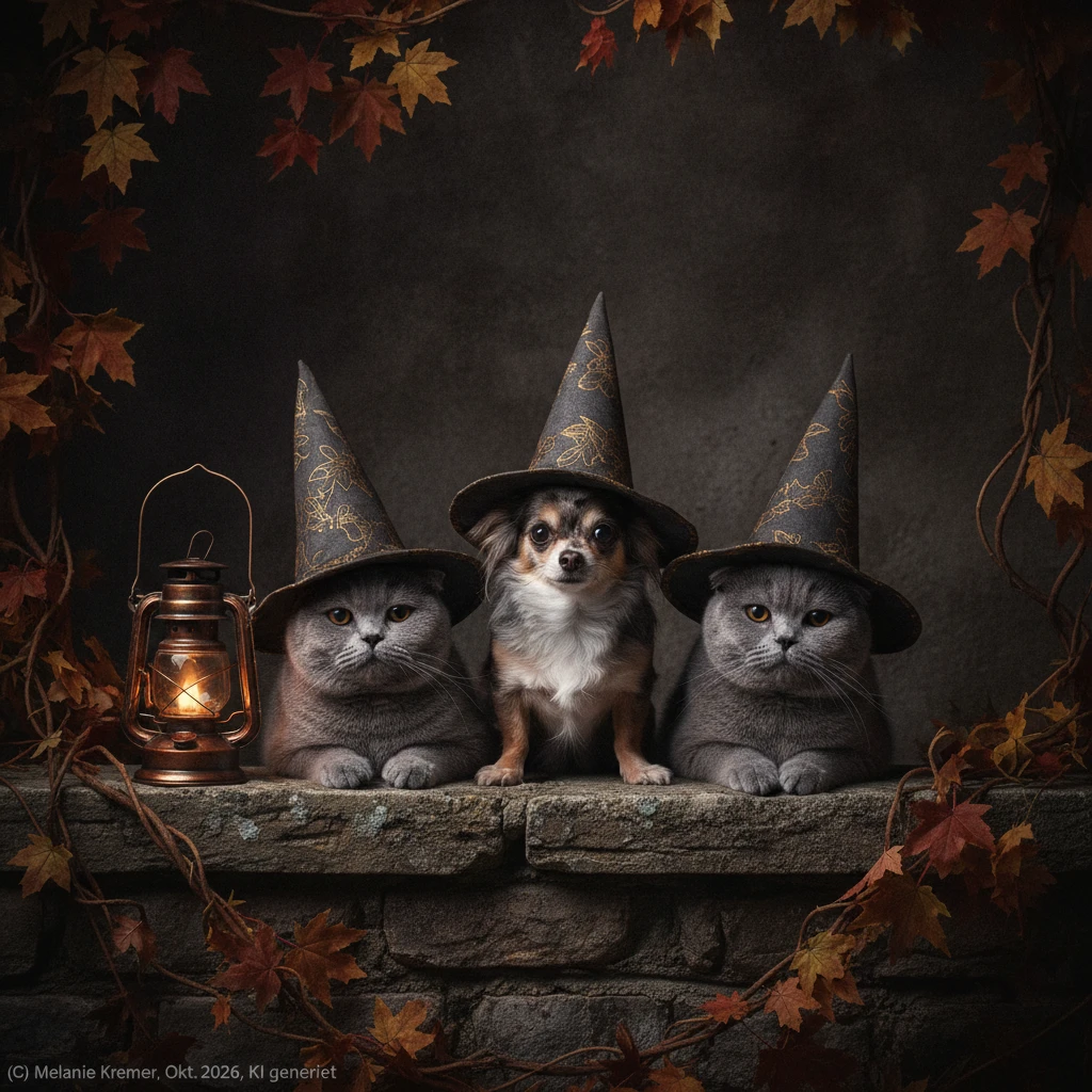 Um chihuahua sentado entre dois gatos com chapéus de bruxa pontiagudos