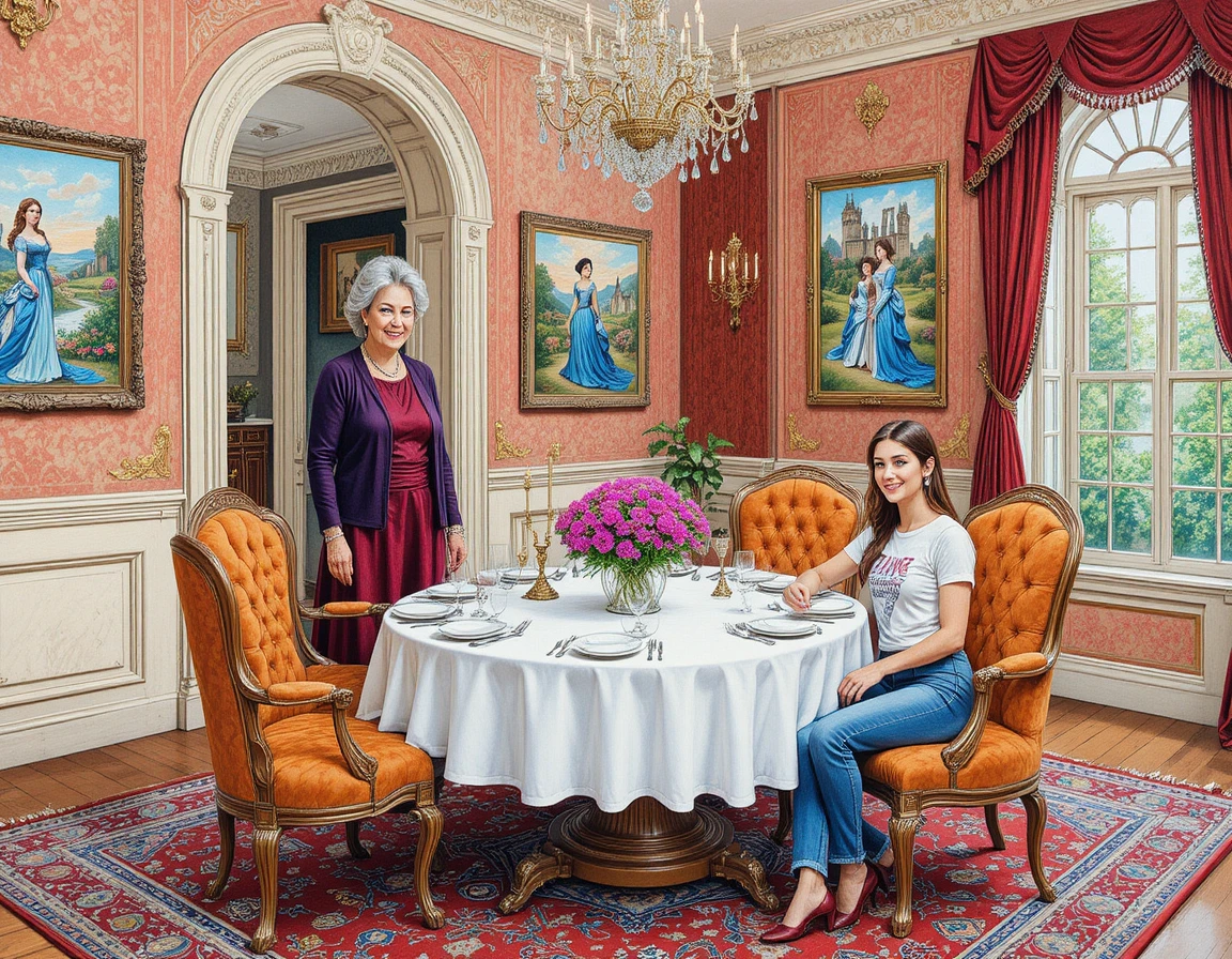 Duas mulheres em uma sala de jantar ricamente decorada