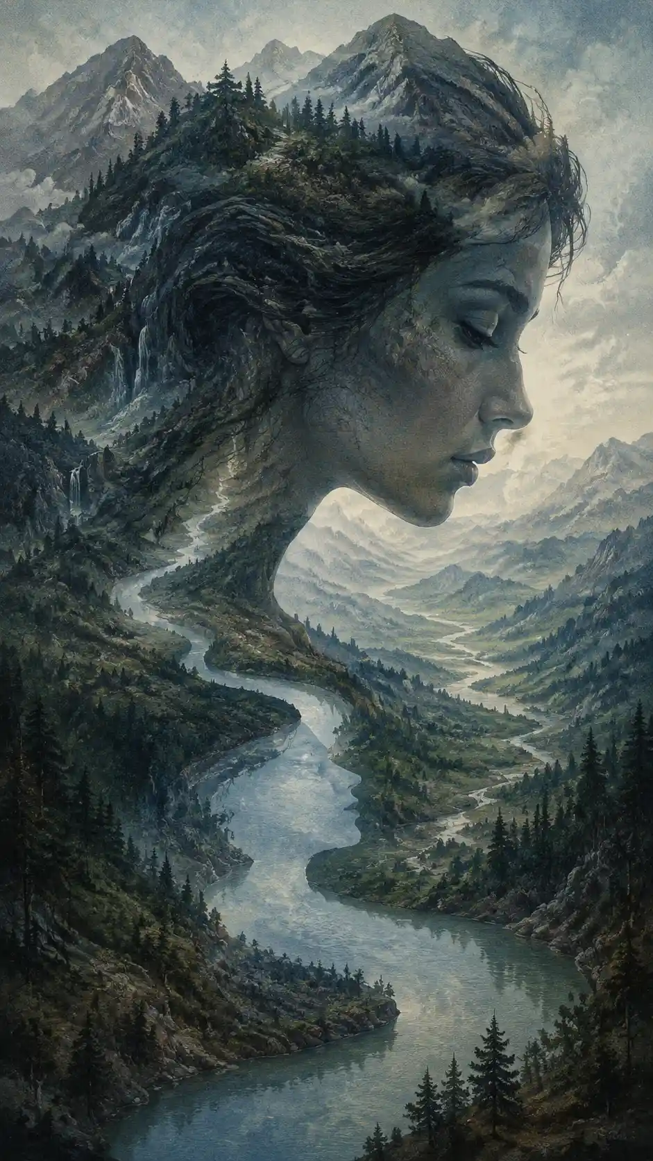 O perfil de uma mulher emerge de uma vasta paisagem montanhosa