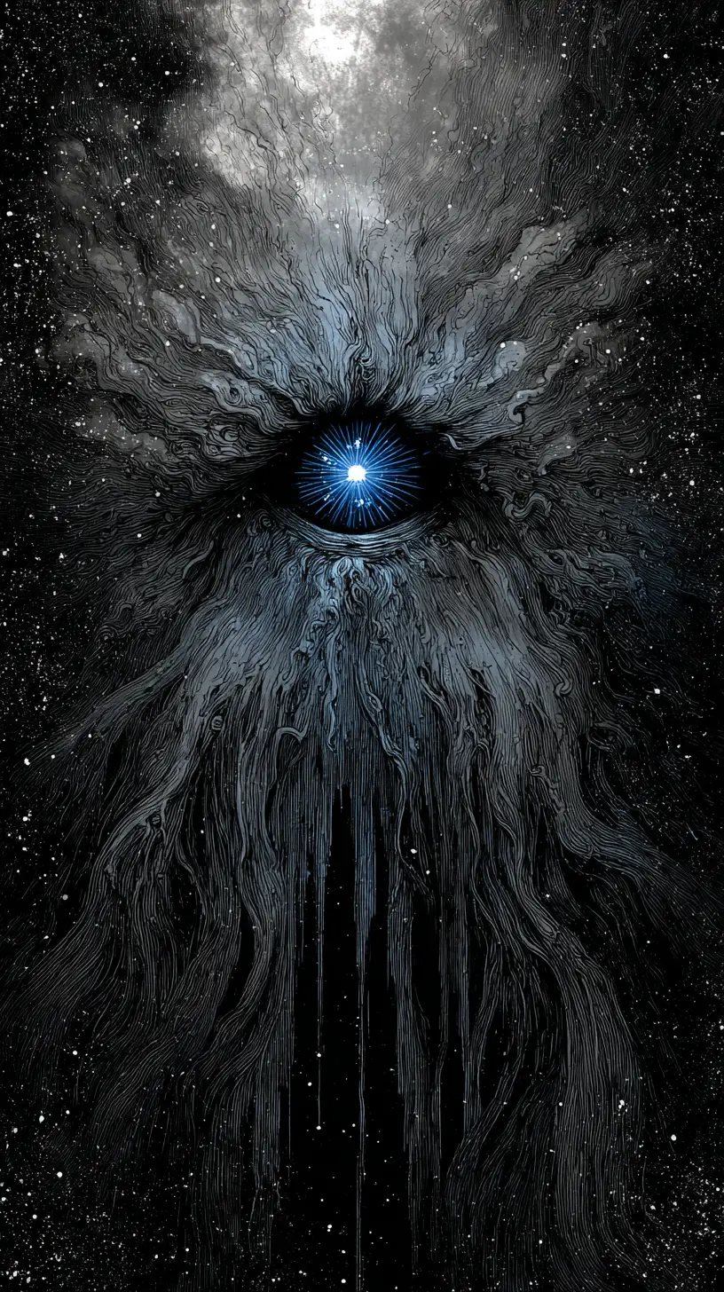 Un ser celestial esquelético con un ojo azul ardiente en la oscuridad