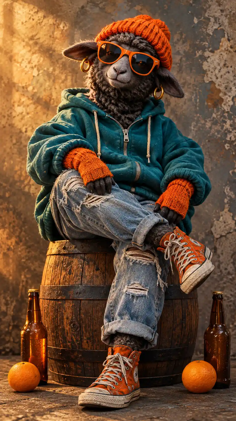 A Seated Sheep Character In Streetwear Sits Atop A Wooden Barrel