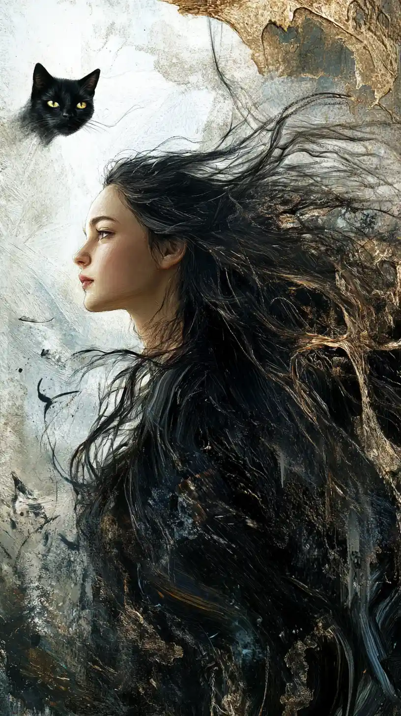 Young women and a black long-haired cat in a fantasy world