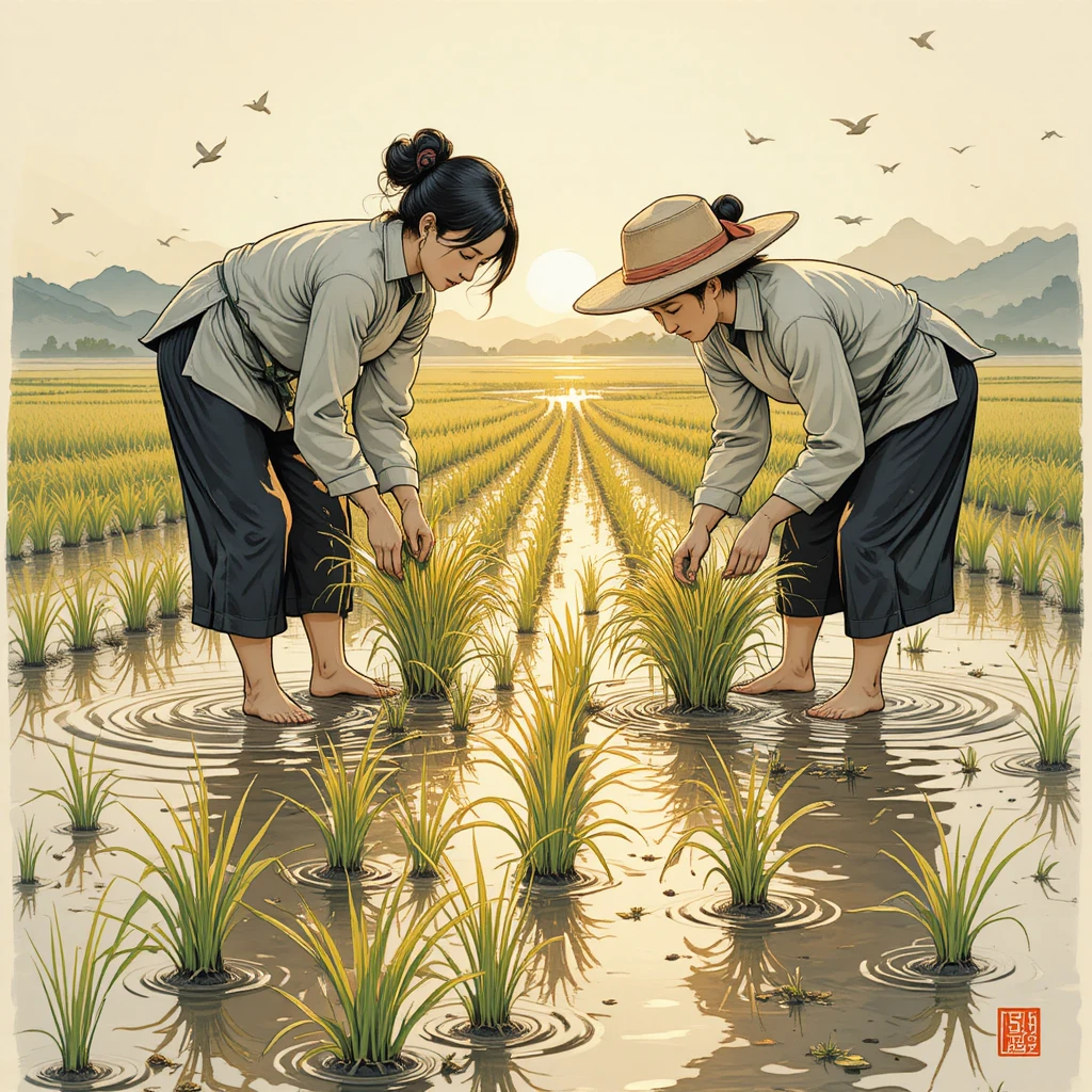 Dos mujeres chinas plantando arrozales en un campo inundado