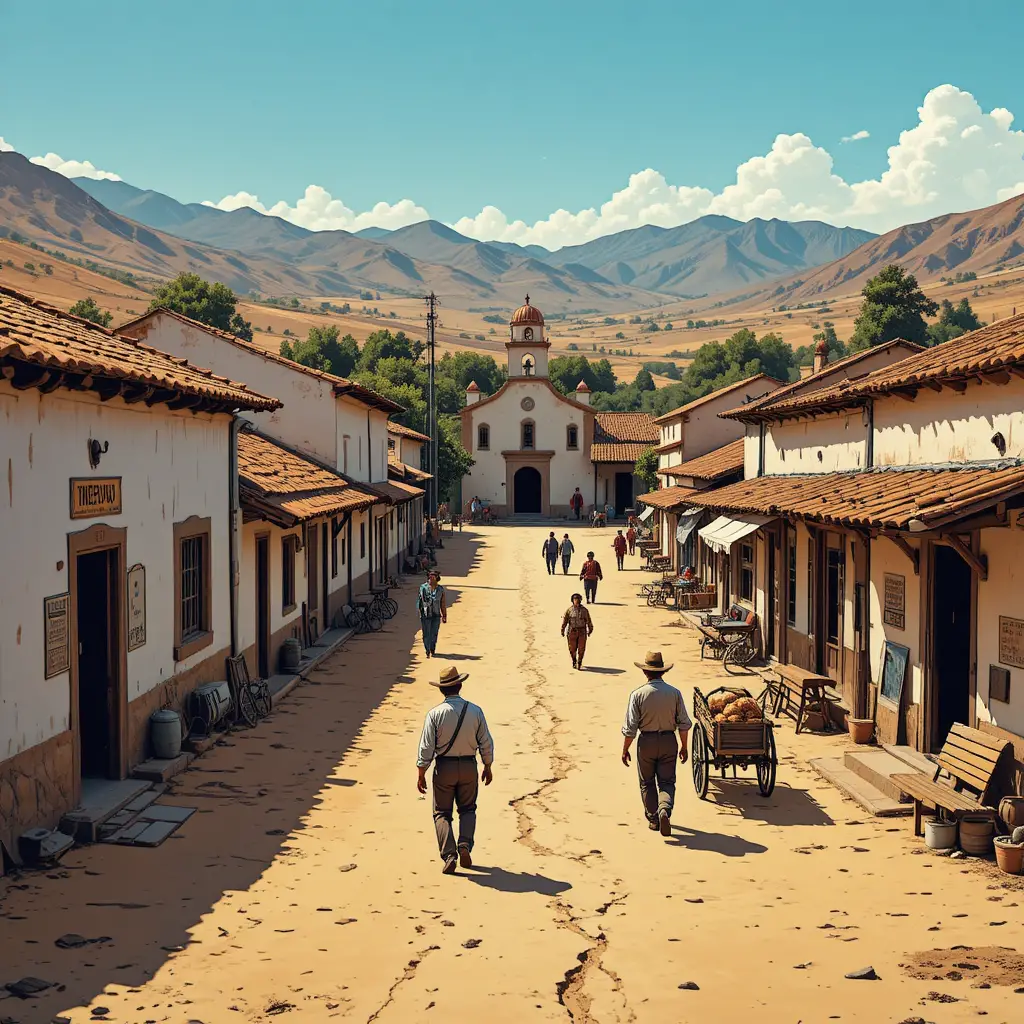 A quiet 1950s South American town along a dusty main street