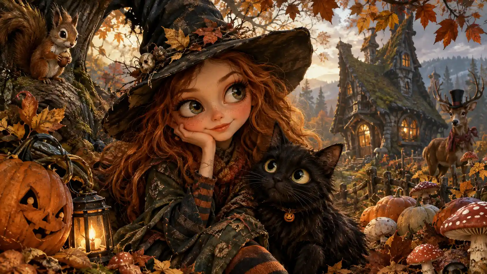 Aufgerissene Augen: Märchenbuchfiguren zwischen Kürbissen in einem herbstlichen Wald