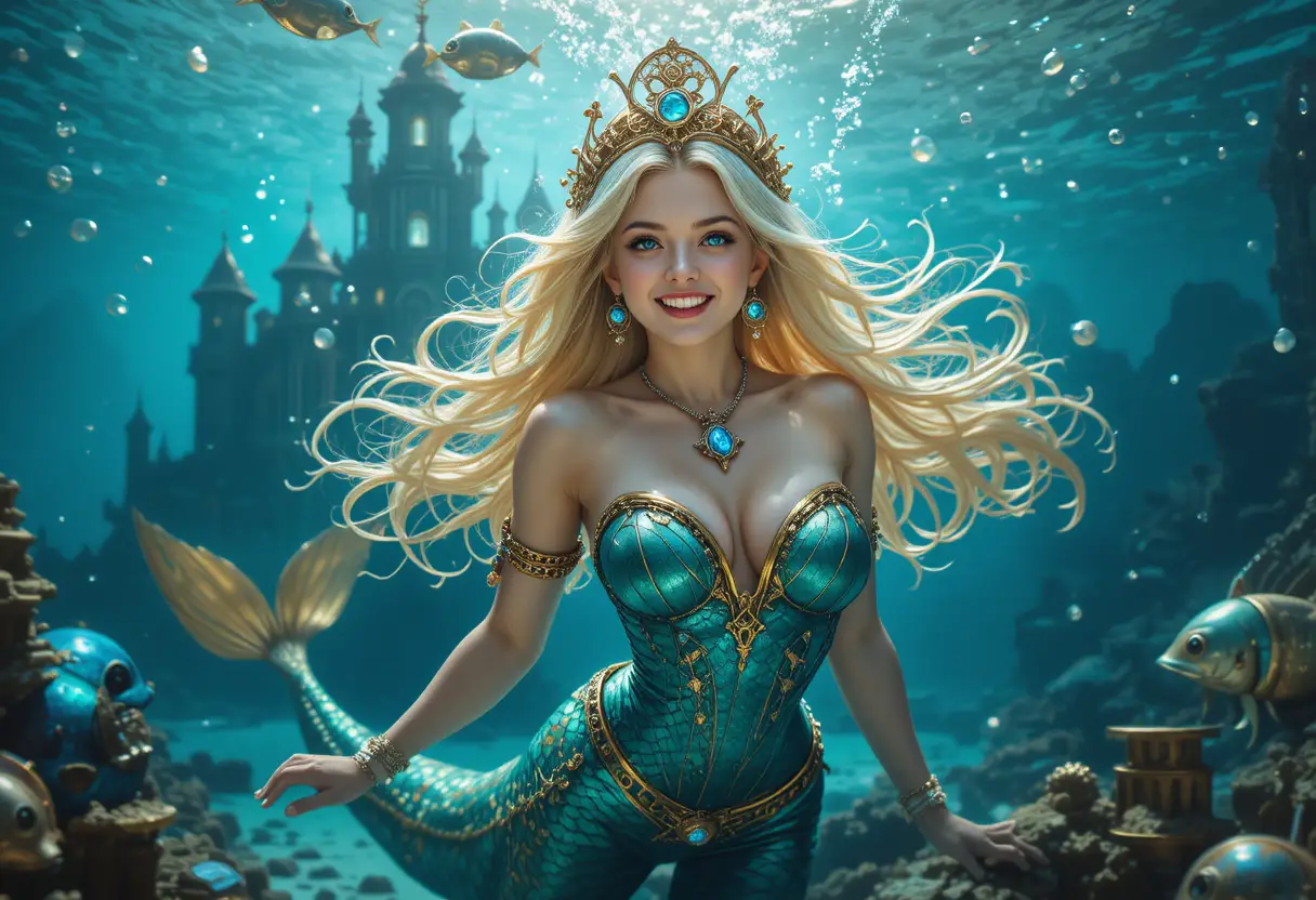A smiling steampunk mermaid drifts through sunlit underwater currents
