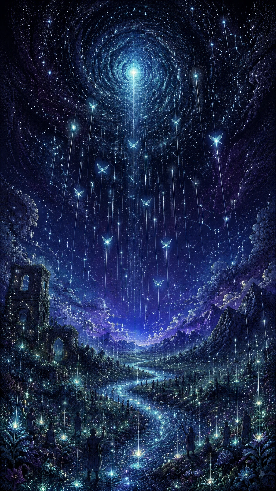 Le stelle salgono da un vasto paesaggio notturno verso un vortice celeste