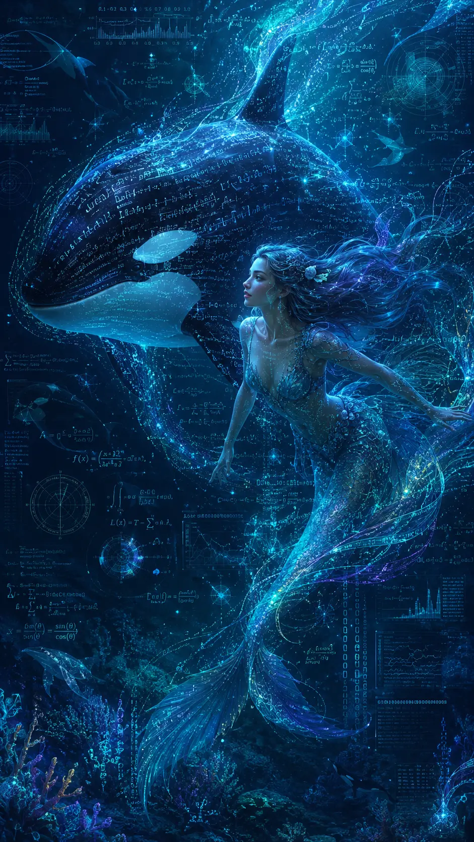 Una sirena nuota accanto a un'orca tra flussi di dati luminosi