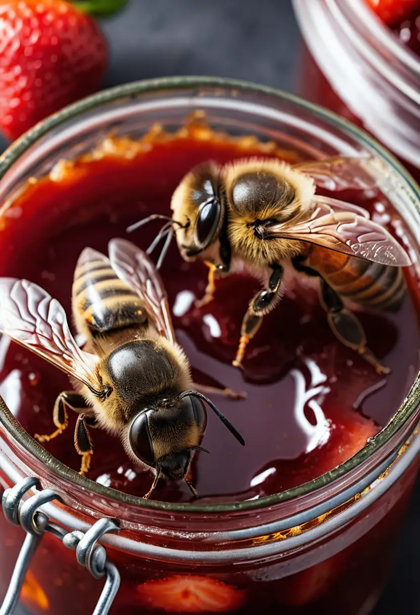Two Bees Gather Along the Rim of an Open Strawberry Jam Jar