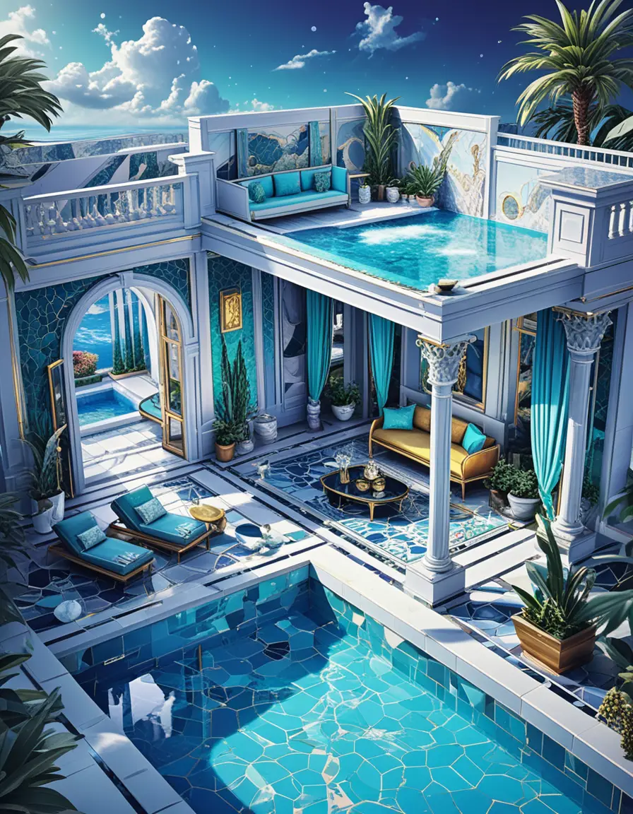 Um pátio de villa em miniatura com água em cascata e uma piscina de mosaico