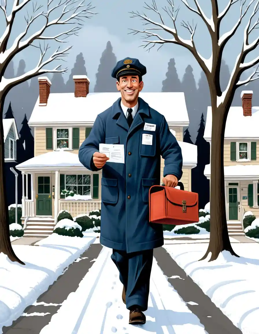 A postal worker delivers mail through a snowy suburban neighborhood
