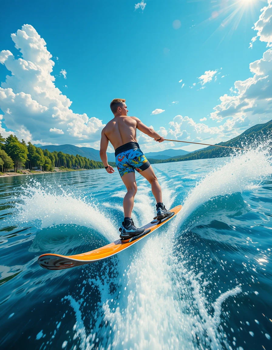 Water skier races across a sparkling lake beneath a summer sky