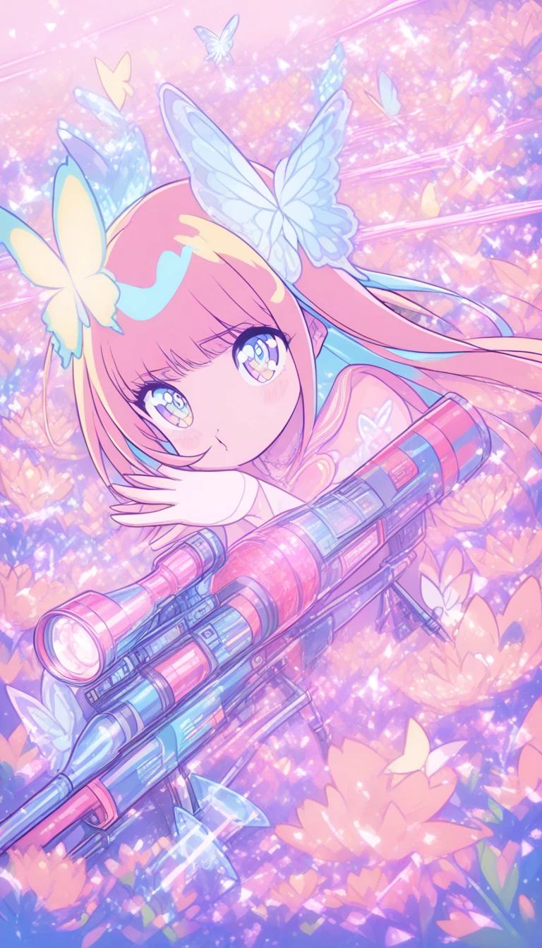 Chibi-Anime-Mädchen zielt mit einem Scharfschützengewehr auf einem sonnigen Blumenfeld