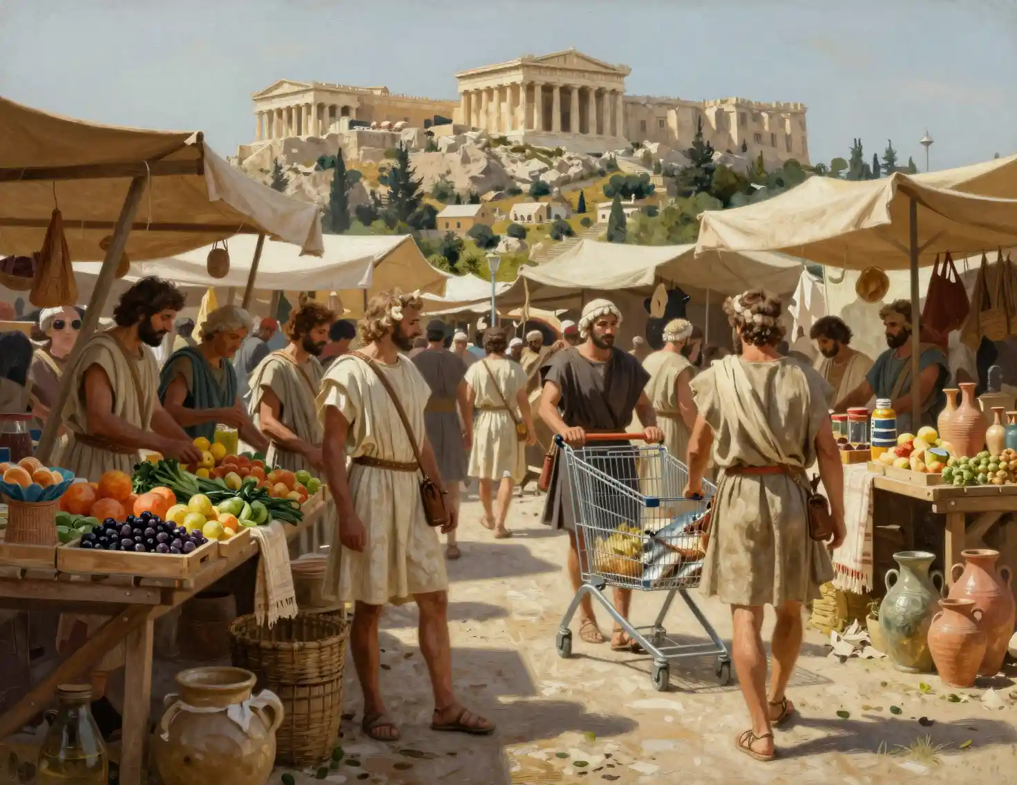 Ancient Greek merchants gather at a bustling outdoor marketplace
