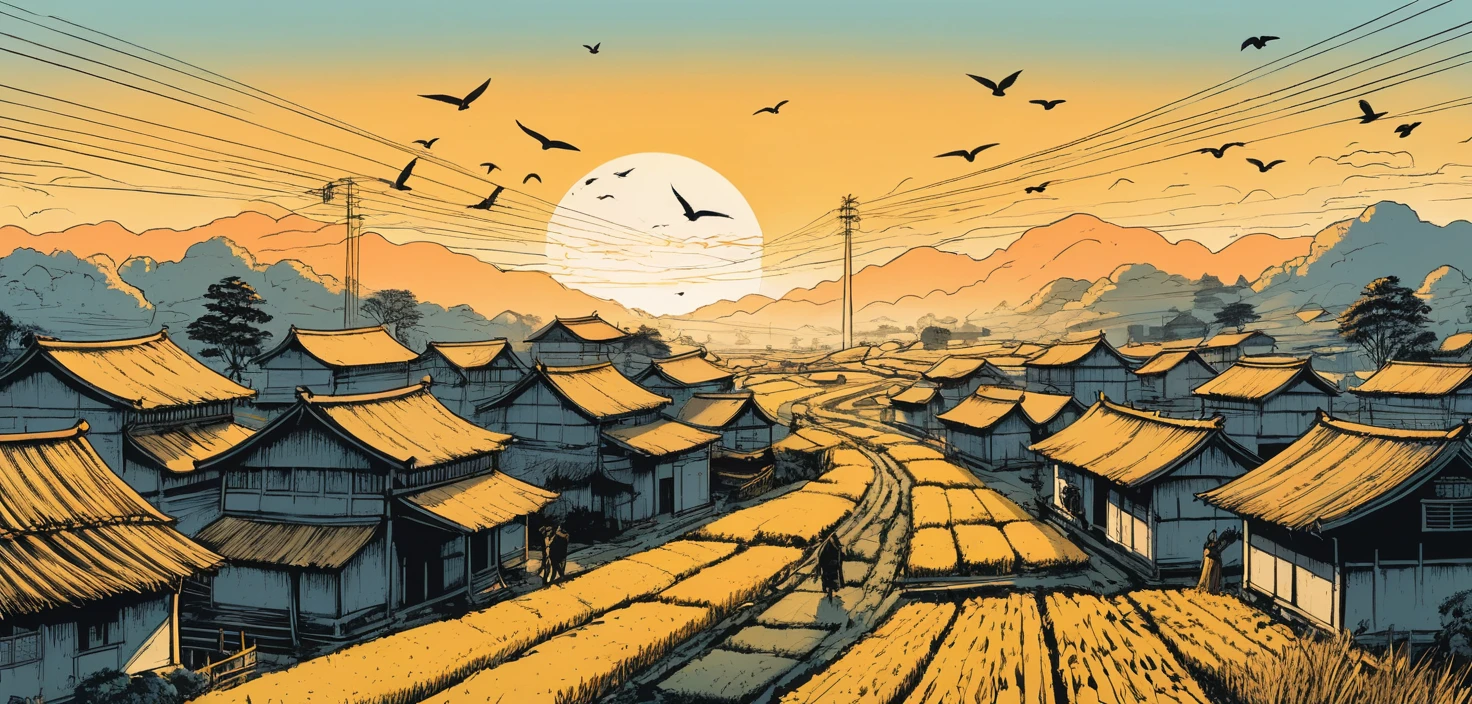 Aves sobrevoam uma aldeia agrícola ao pôr do sol em pintura a tinta