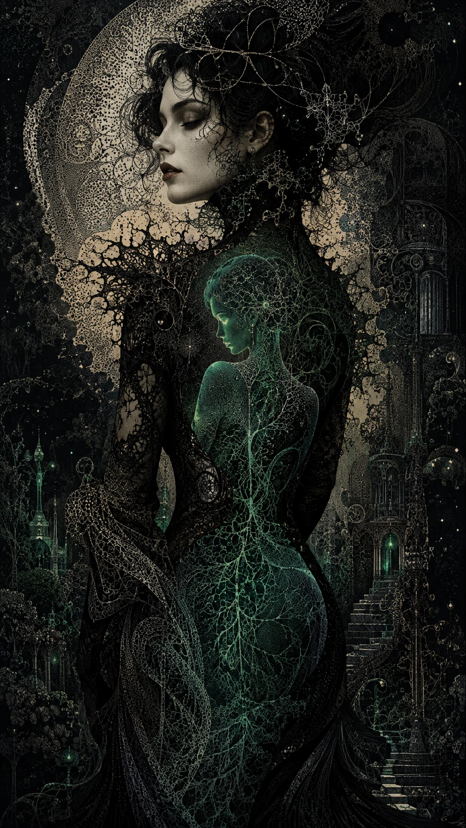Uma mulher de cabelos escuros com um vestido preto escultural esconde uma figura espectral