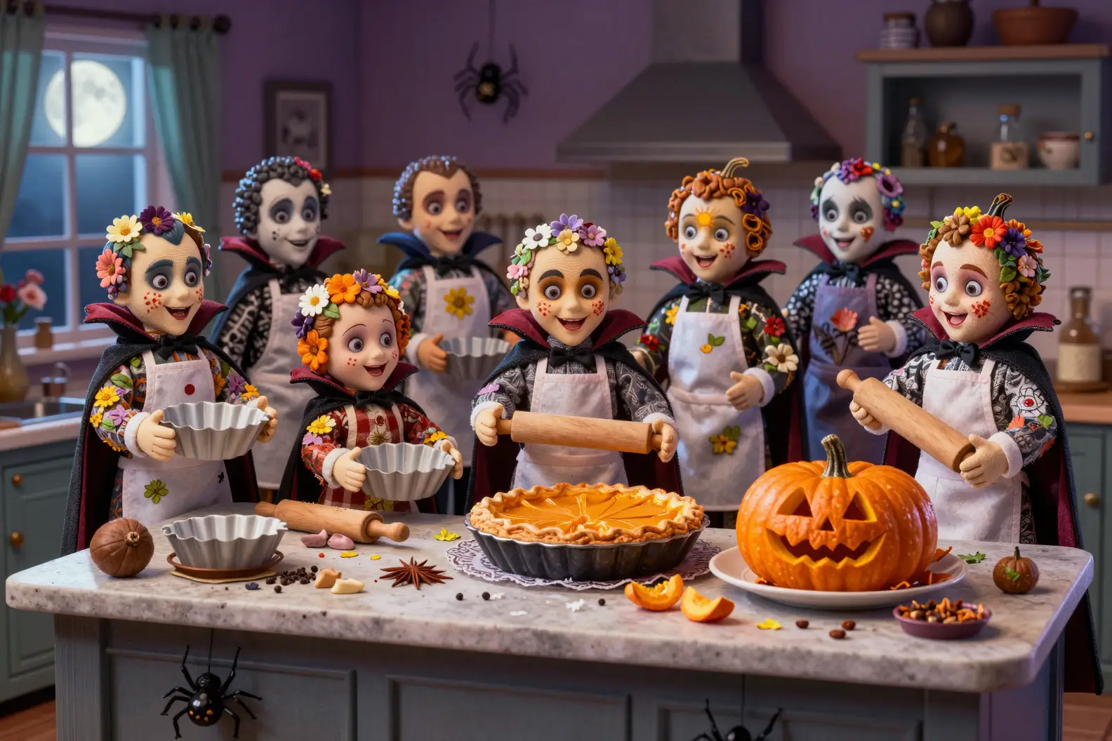 Bonecas vampiras fazem tarte de abóbora numa cozinha iluminada pelo luar
