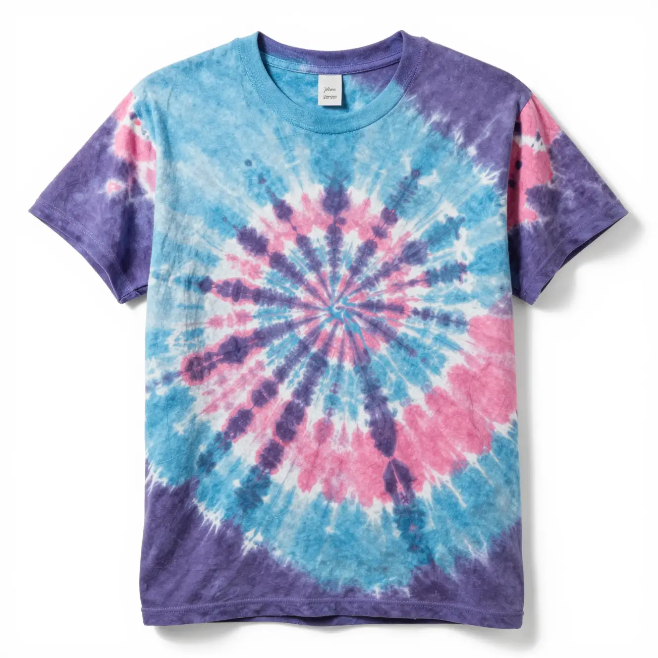 Bright tie-dye t-shirt with a bold blue, pink, and purple spiral