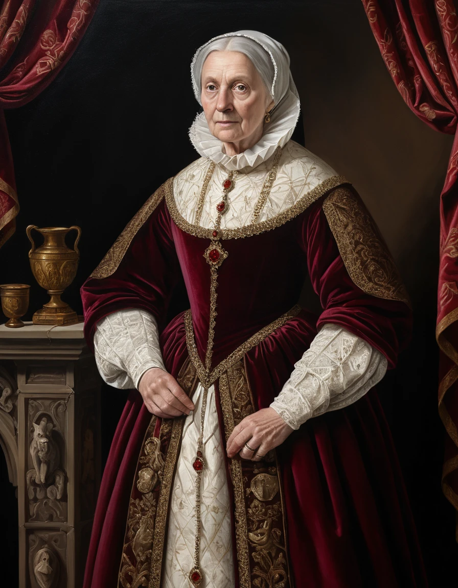 Retrato de corpo inteiro de uma mulher idosa num salão de castelo