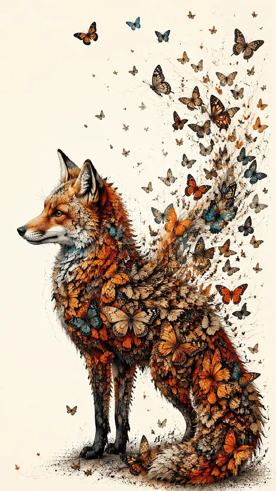 A fox formed from butterflies stands gracefully in profile