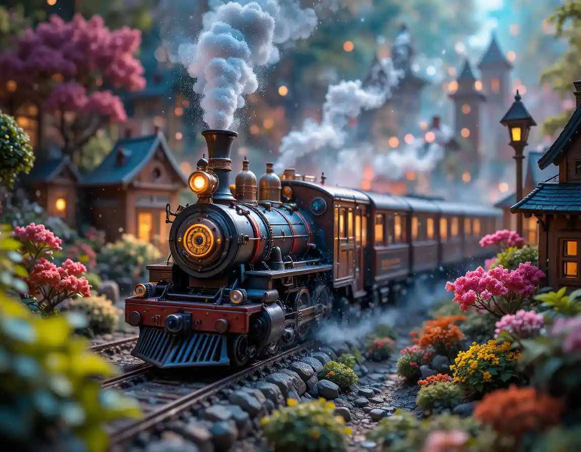 An electric train winds through a miniature city in a botanical garden