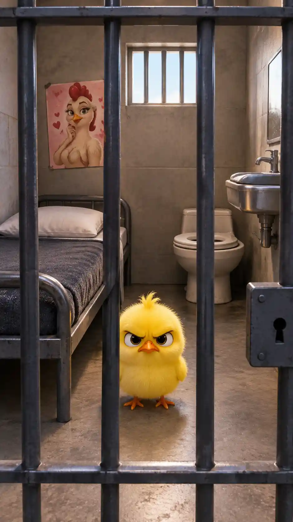 A Tiny Yellow Chick Is Confined in a Cell With an Angry Face