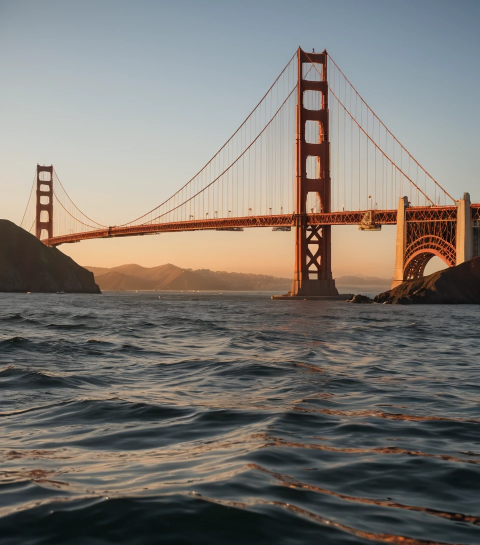 Um navio aproxima-se da Ponte Golden Gate ao pôr do sol