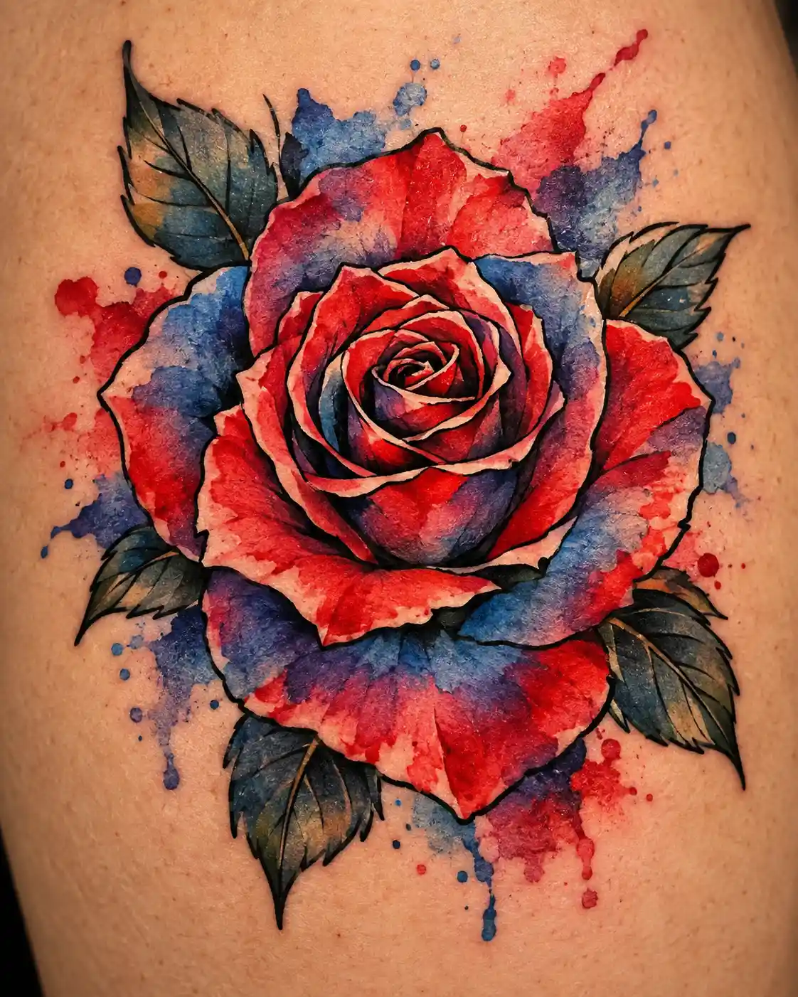 Uma rosa vermelha combina traços de tatuagem tradicional com aquarela fluida