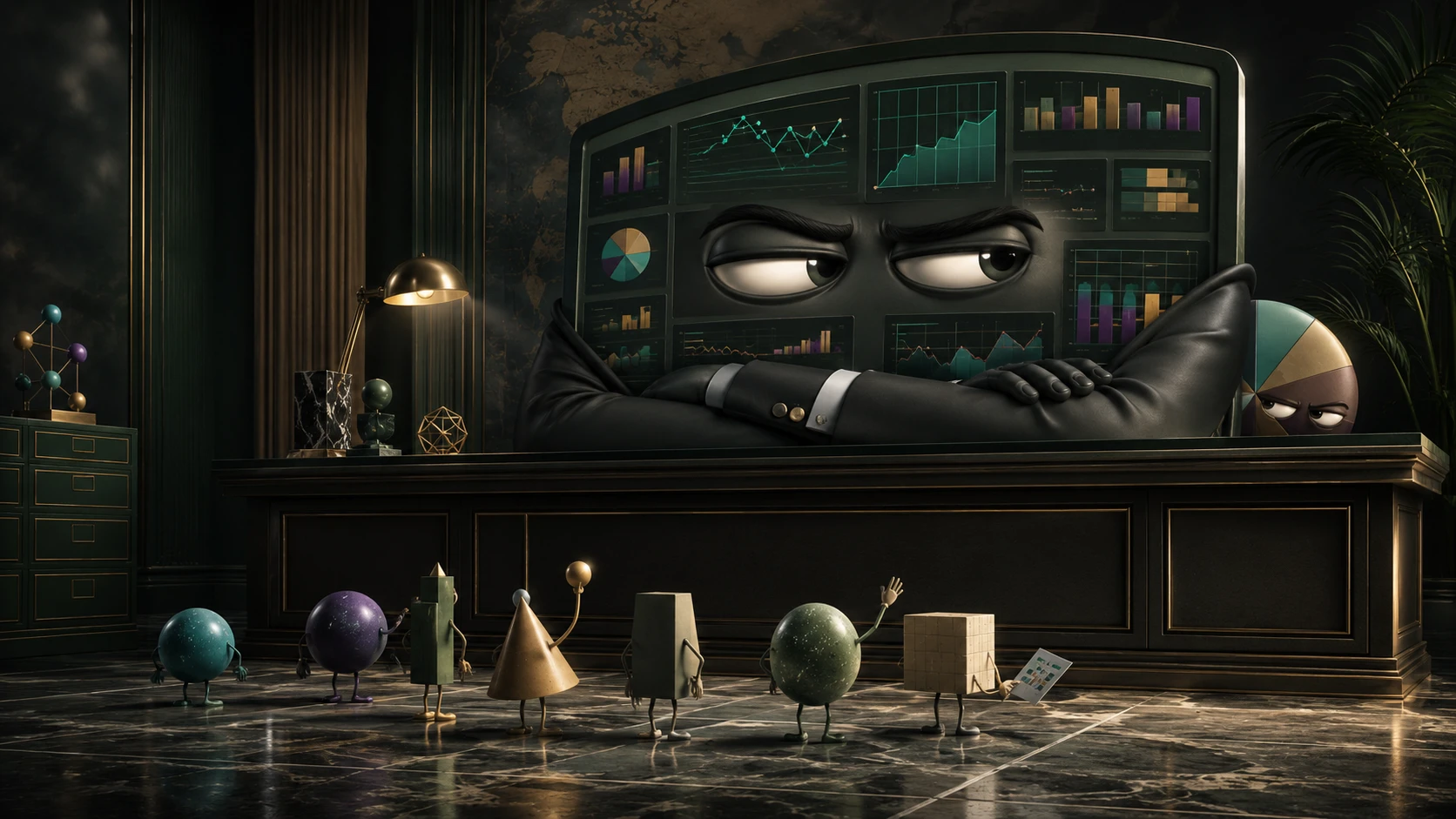 Le tableau de bord anthropomorphique regarde de travers les points de données qui approchent depuis derrière son bureau