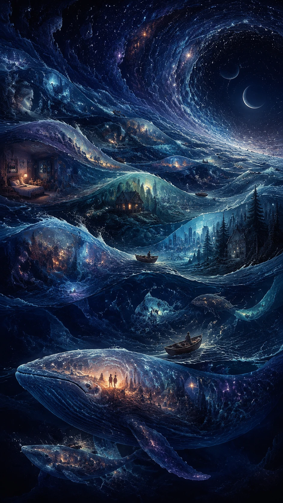 Um oceano noturno surreal onde as ondas revelam memórias visuais fugazes